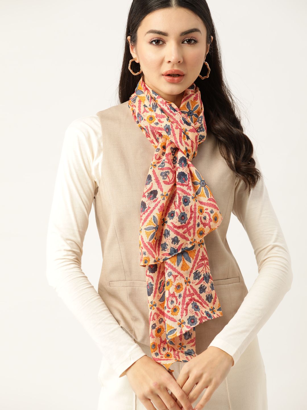 DressBerry Women Beige & Blue Printed Scarf Price in India