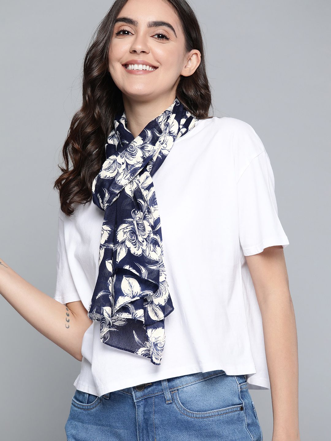 Mast & Harbour Women Navy Blue & White Printed Scarf Price in India