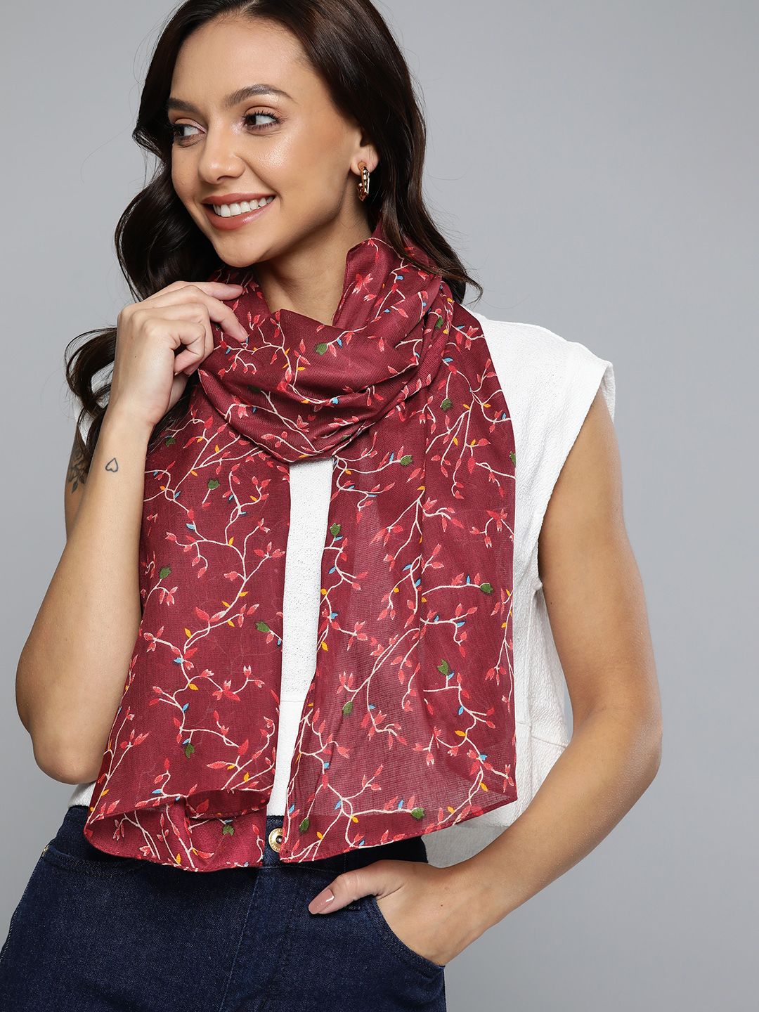 Mast & Harbour Women Maroon Printed Scarf Price in India