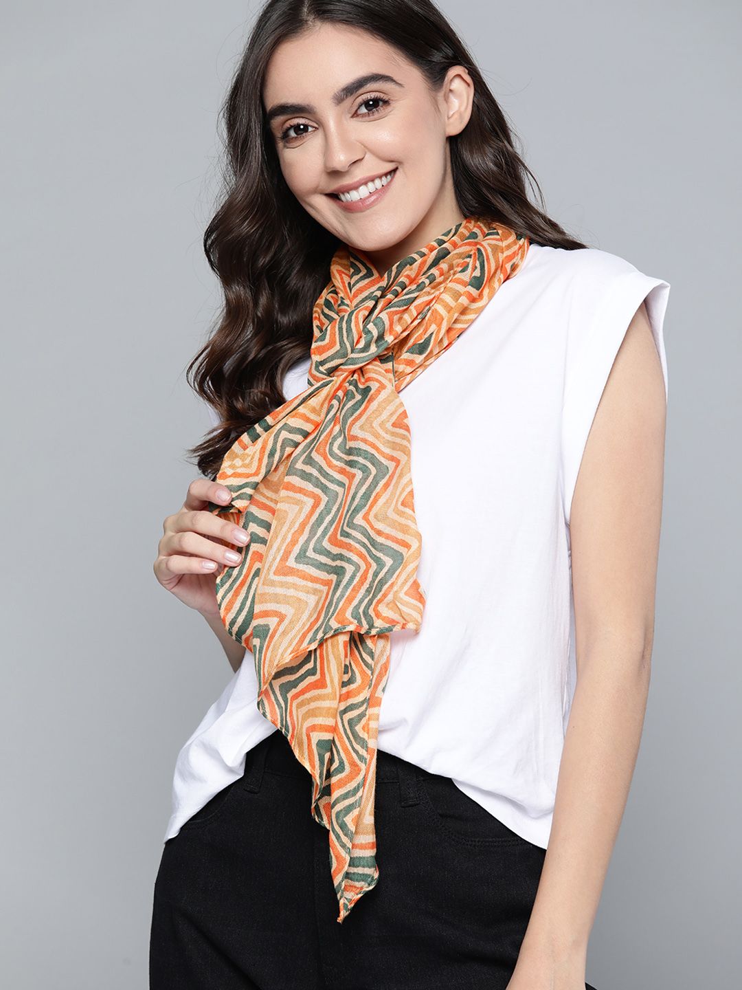 Mast & Harbour Women Orange & Green Printed Scarf Price in India