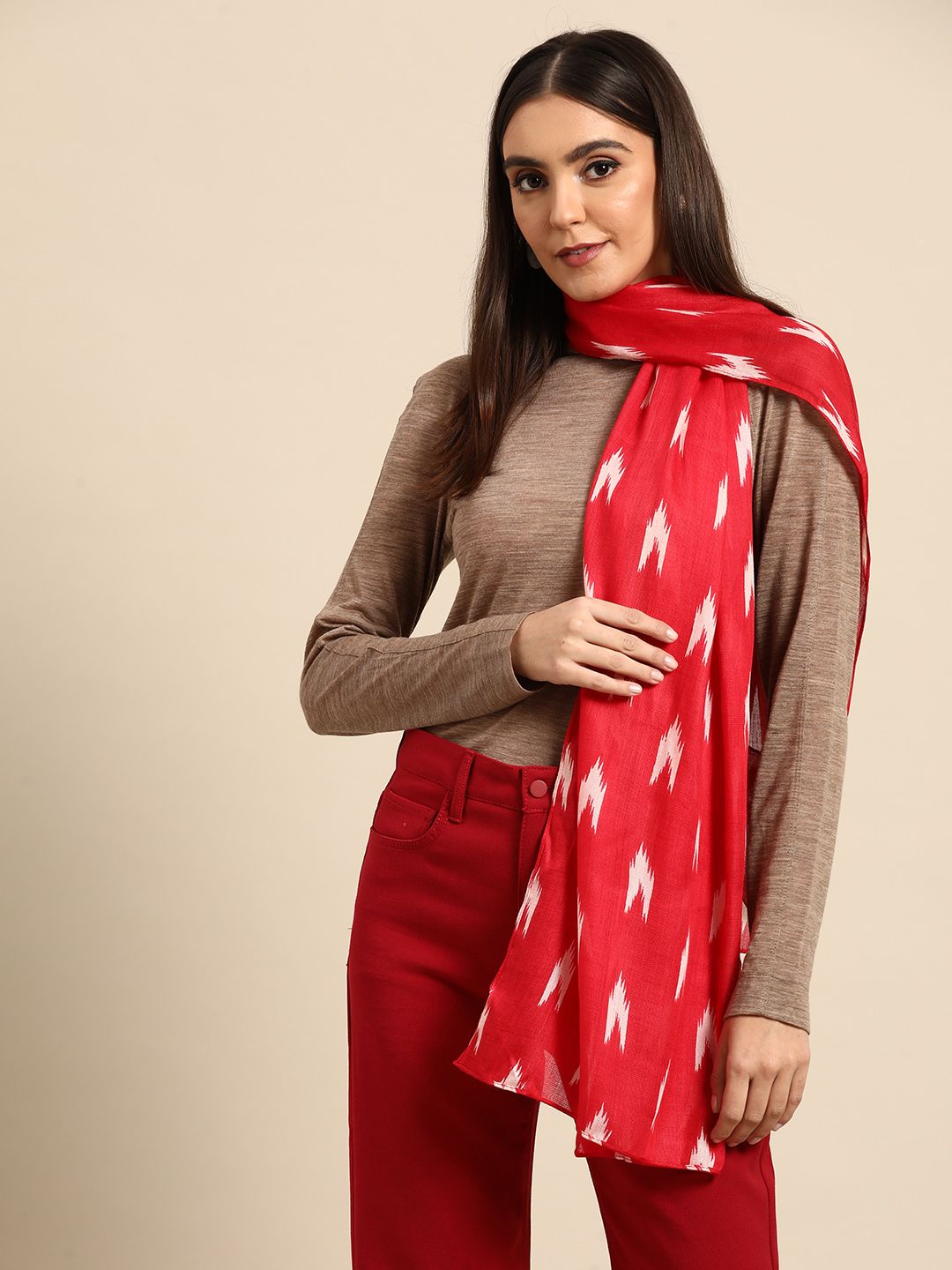 Anouk Women Red & White Printed Scarf Price in India