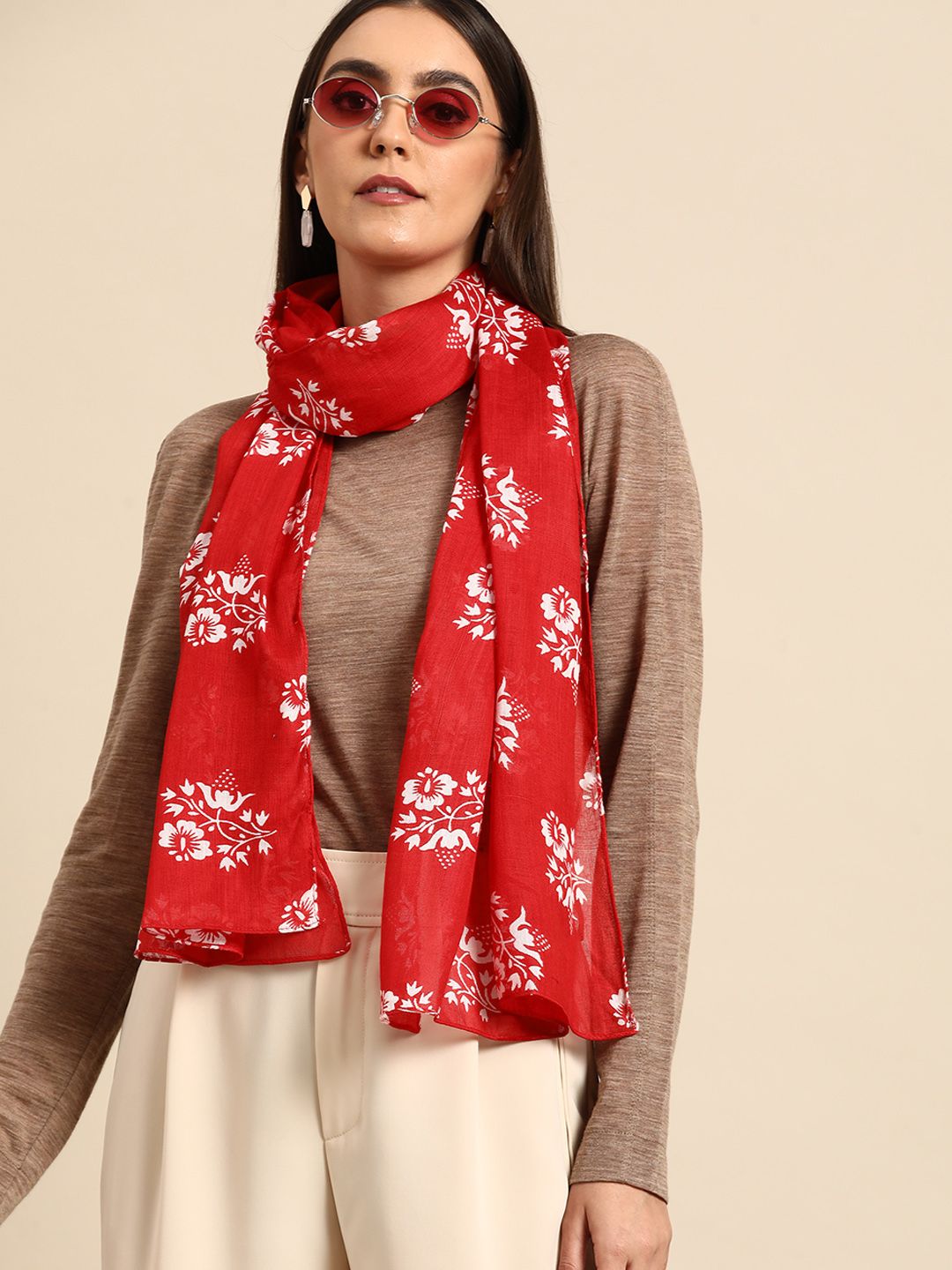 Anouk Women Red & White Floral Print Scarf Price in India