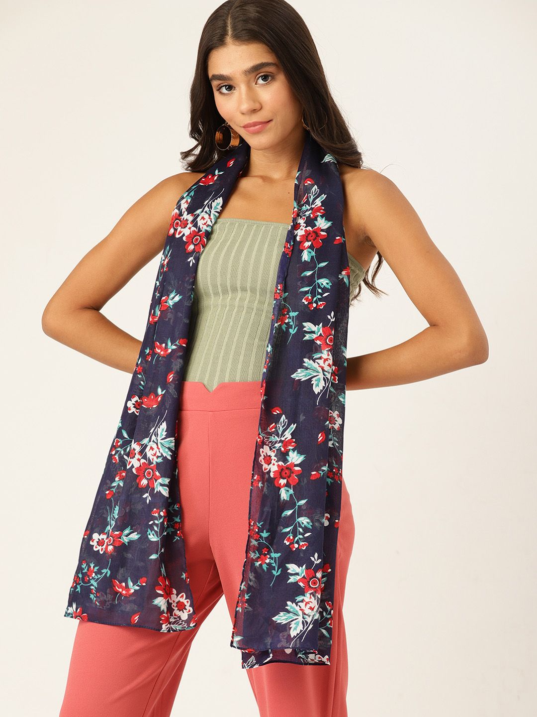 DressBerry Women Navy Blue & Red Floral Printed Scarf Price in India