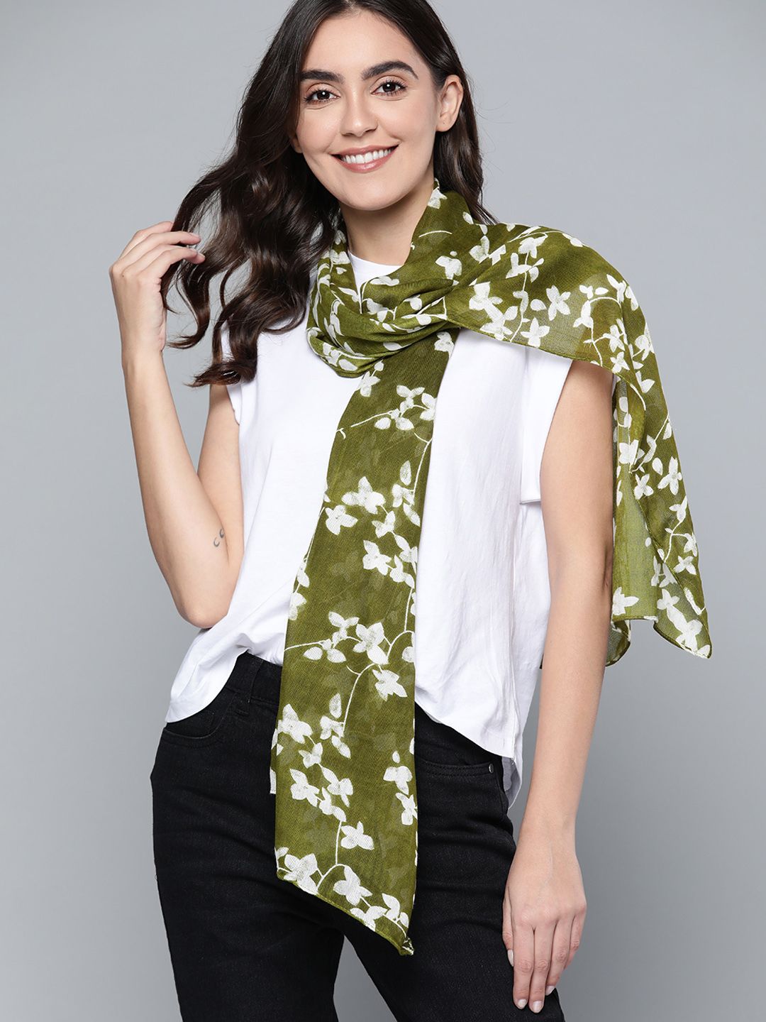 Mast & Harbour Women Olive Green & White Printed Scarf Price in India