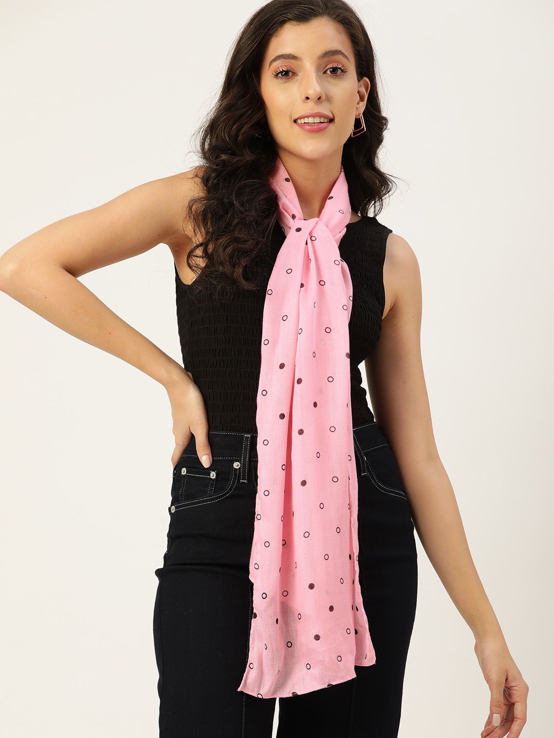 DressBerry Women Pink & Brown Polka Dots Printed Stole Price in India