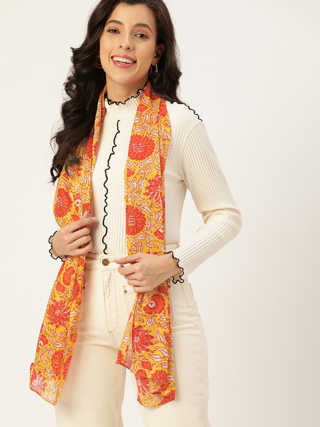 DressBerry Women Mustard Yellow & Orange Floral Printed Stole Price in India