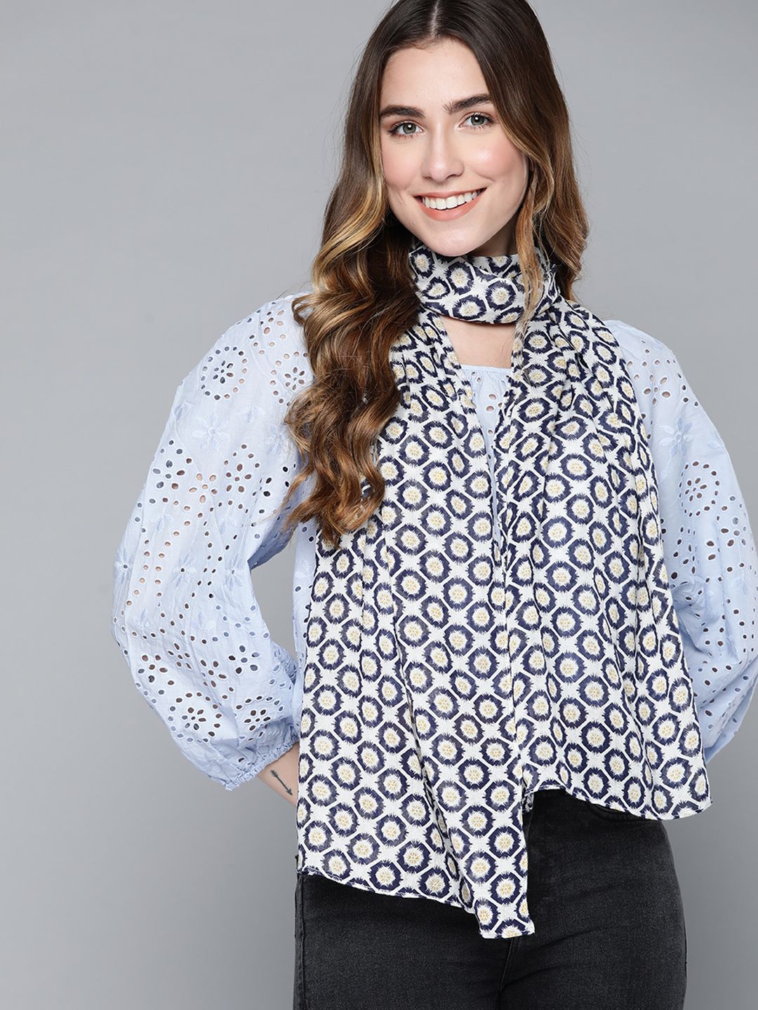 Mast & Harbour Women White & Navy Blue Printed Stole Price in India