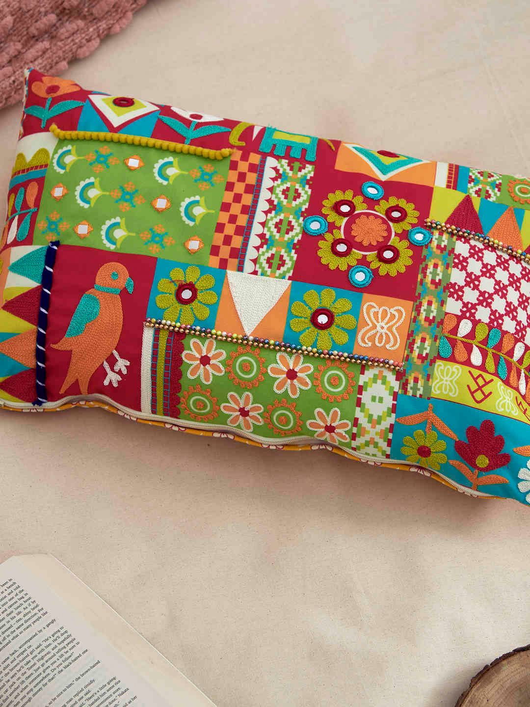 Chumbak Multicoloured Embroidered Rectangle Cushion Cover Price in India