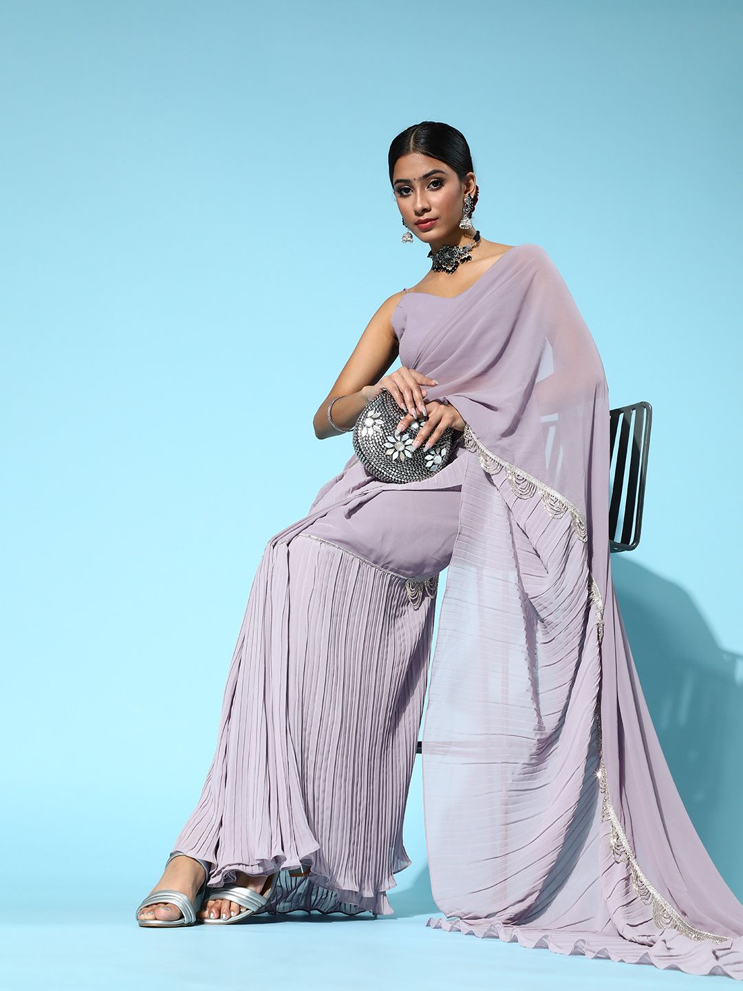 Inddus Women Lilac Solid Accordian Pleated Saree with Embellished Detail Price in India