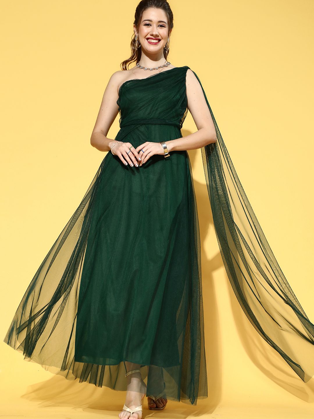 U&F Women Gorgeous Green Solid One-Shoulder Dress Price in India