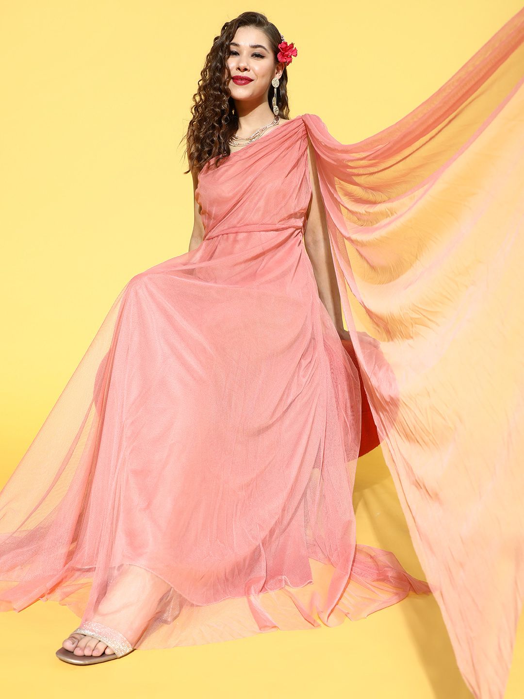 U&F Women Attractive Peach Solid One-Shoulder Dress Price in India