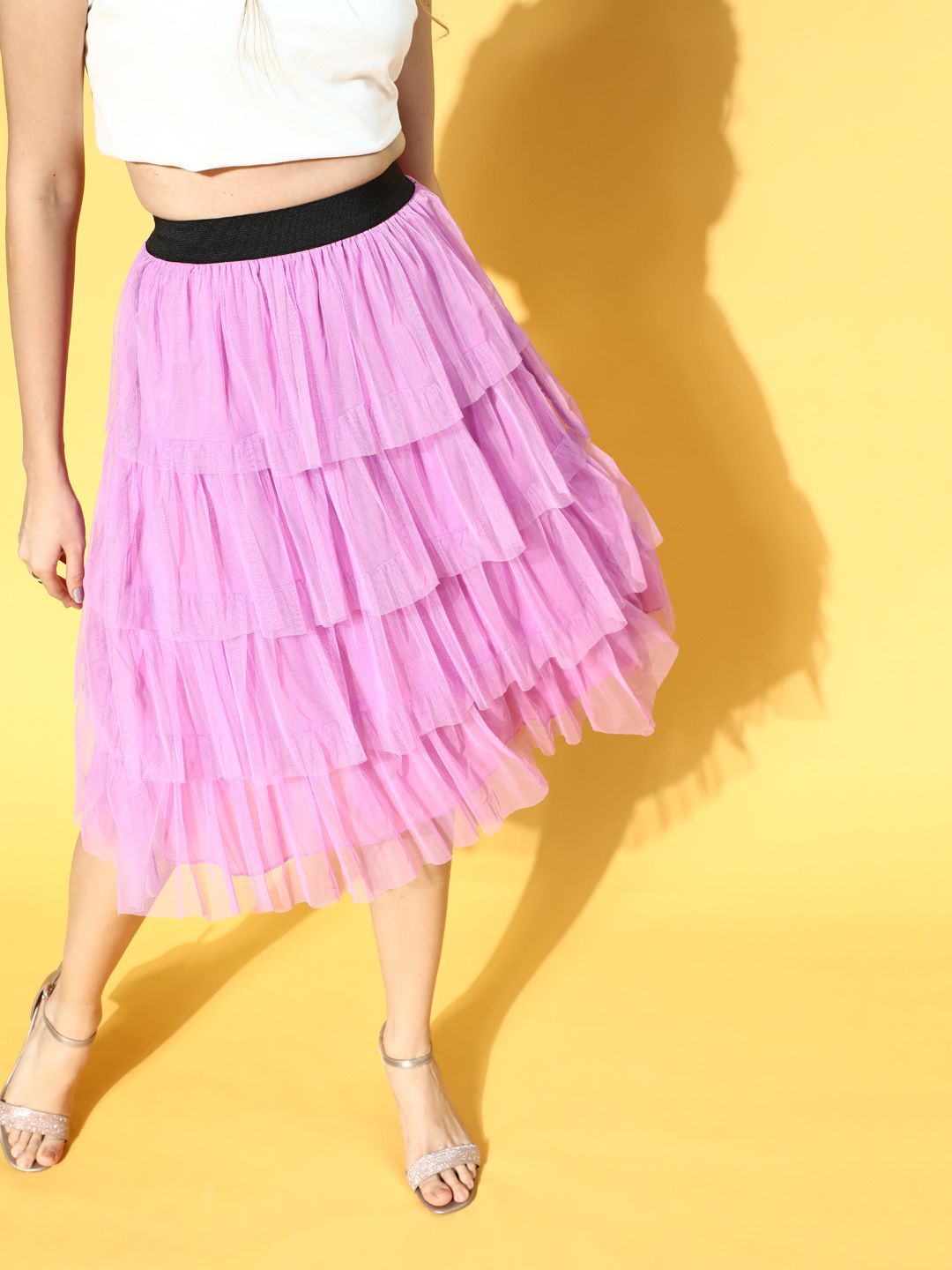 U&F Women Charming Lavender Solid Tiered Skirt