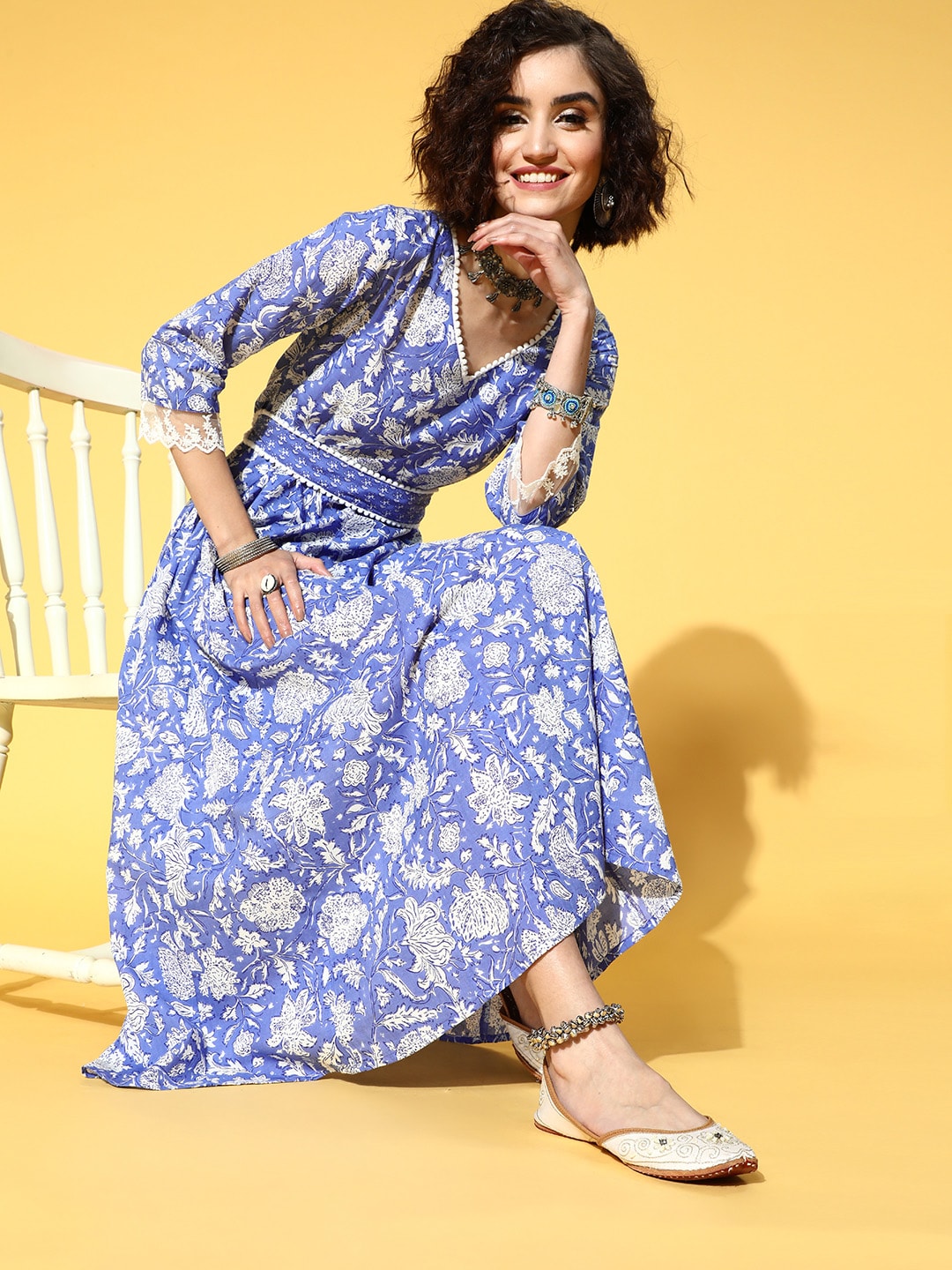 Yufta Blue Floral Ethnic A-Line Maxi Dress Price in India