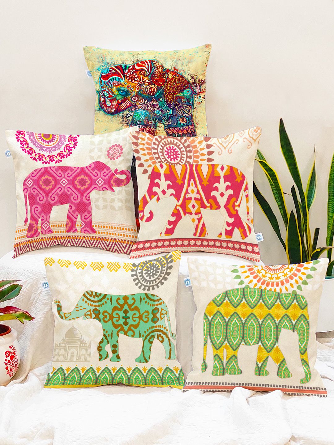 STITCHNEST Set of 5 Green & Beige Ethnic Motifs 12'' x 12'' Cushion Cover