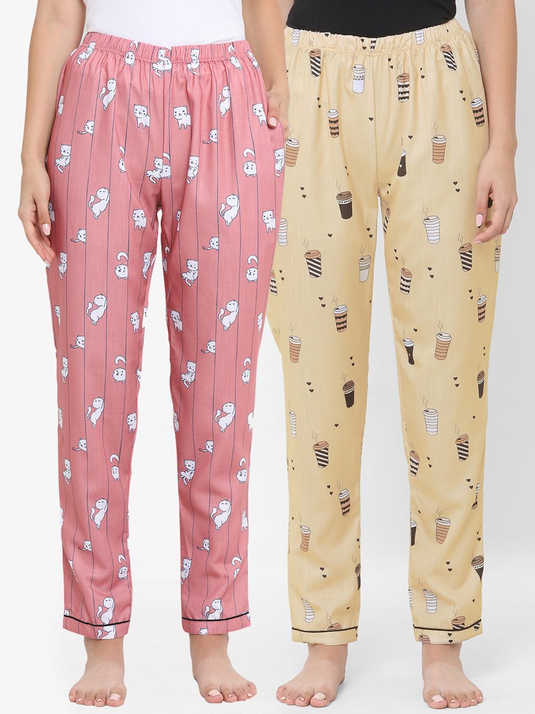 FashionRack Women Pack Of 2 Pink & Camel Brown Printed Lounge Pants Price in India