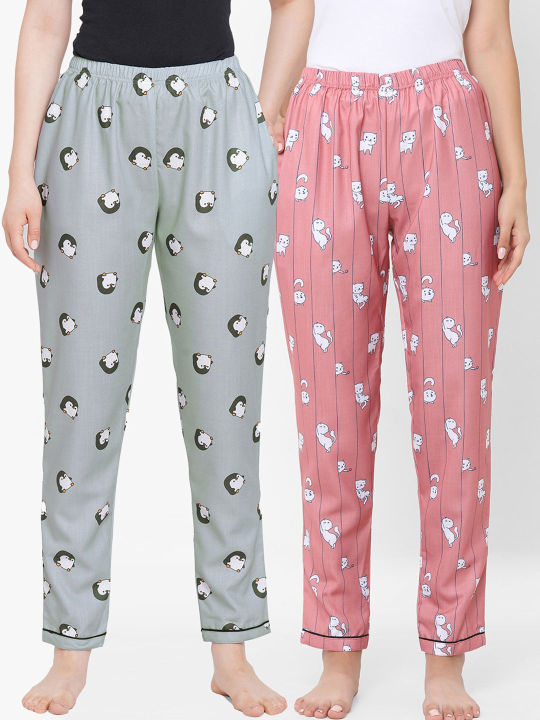 FashionRack Women Pack Of 2 Pink & Grey Printed Cotton Lounge Pants Price in India