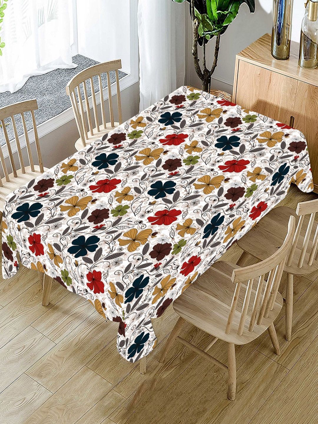 AEROHAVEN White & Red Floral Printed 4-Seater Rectangular Table Cover Price in India
