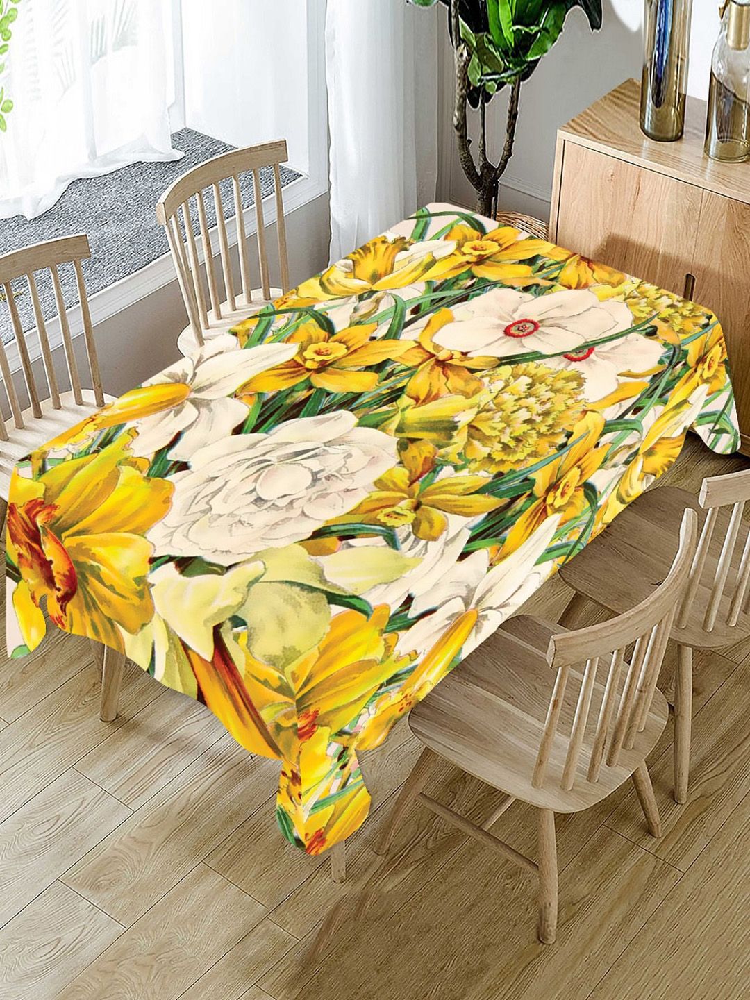 AEROHAVEN Yellow & Green Floral $ Seater Cotton Rectangular Table Cover Price in India