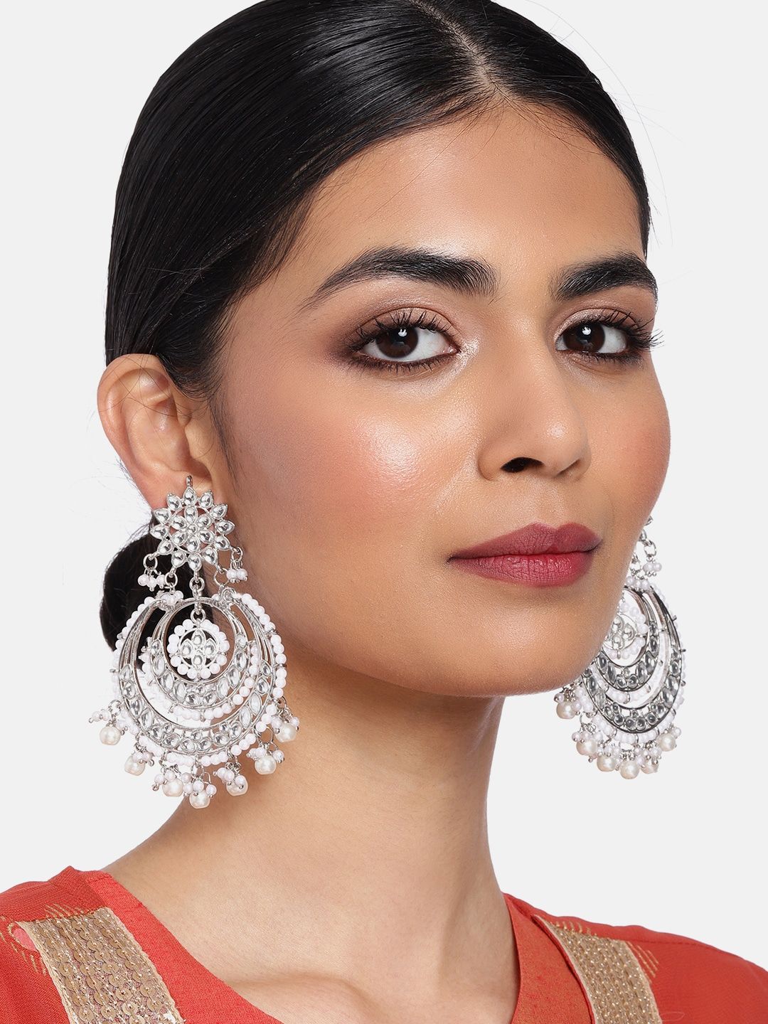 Peora White Oxidised Silver-Plated Kundan-Studded Beaded Chandbalis Price in India