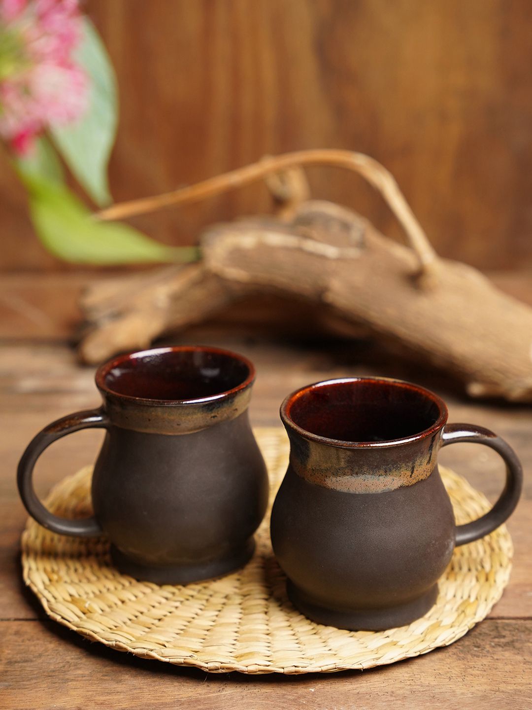 Folkstorys Brown Set of 2 Ceramic Matte Coffee Mugs Price in India