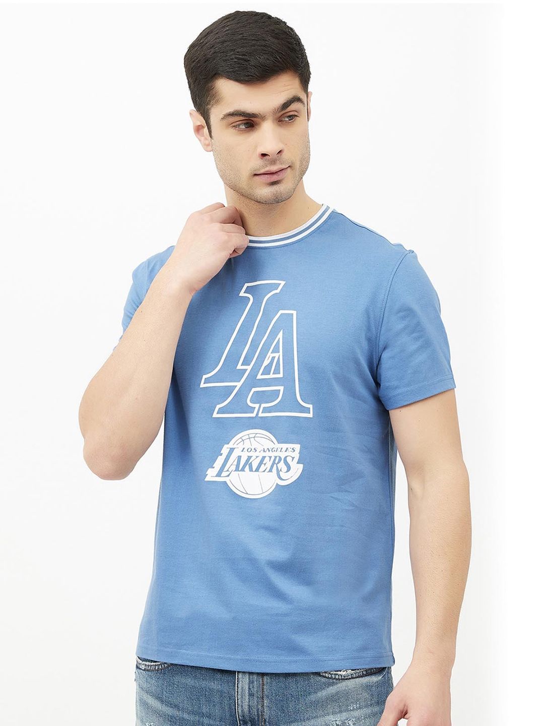 NBA NBA Men Blue Typography Los Angeles Lakers Printed Round Neck Cotton Basketball T-shirt
