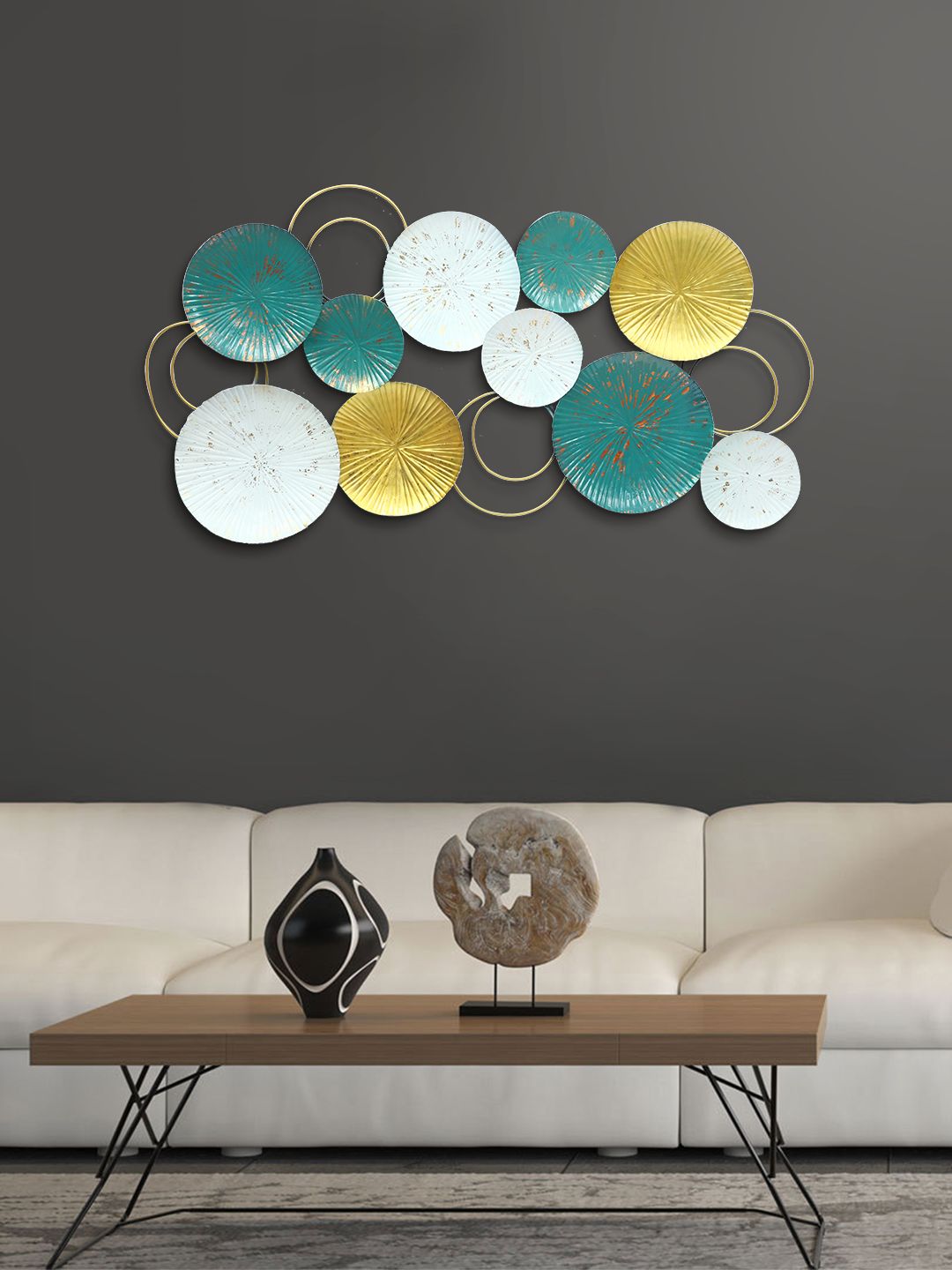 Aapno Rajasthan Blue & Gold-Toned Metal Disc Shaped Wall Decor Price in India