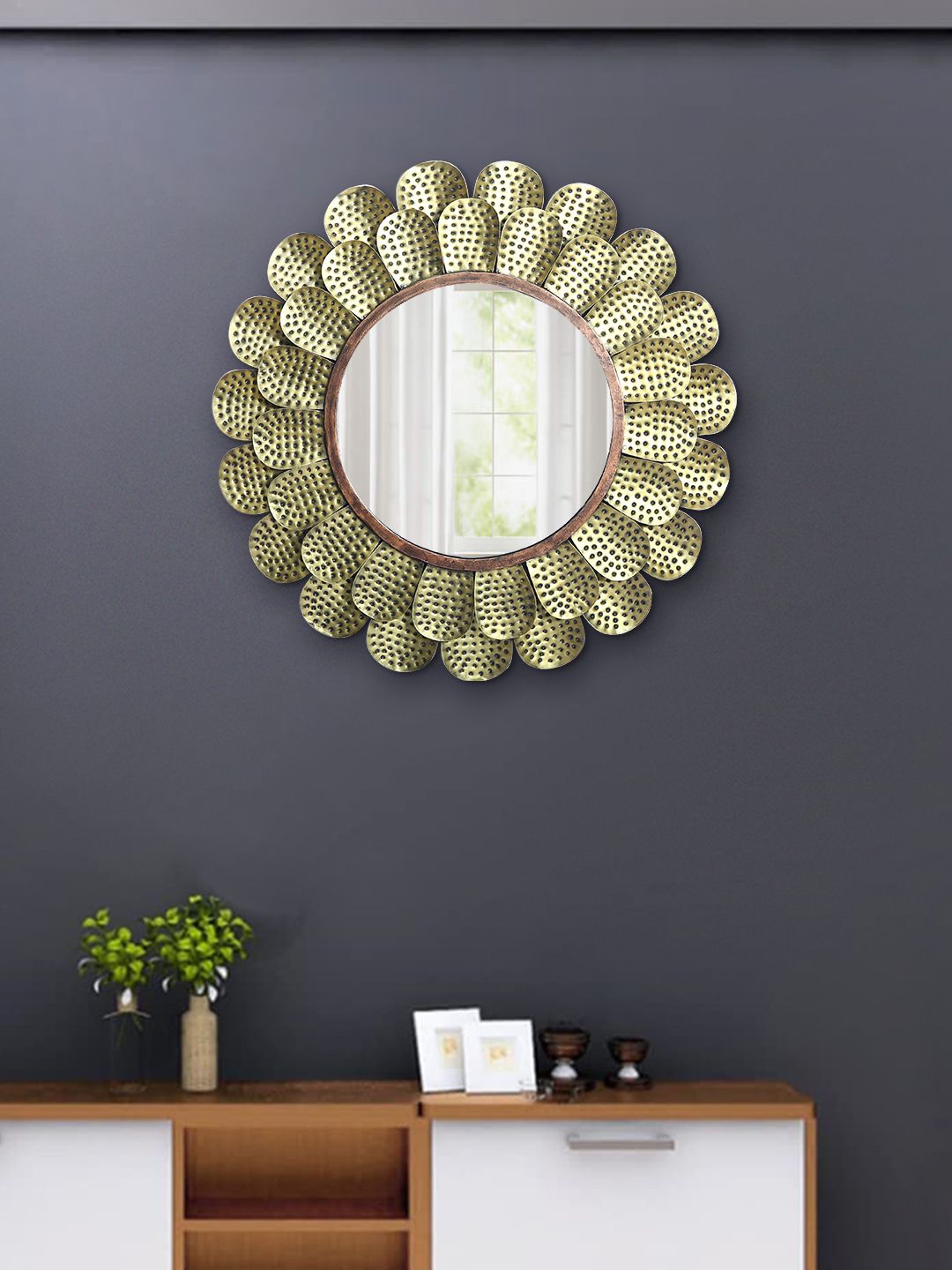 Aapno Rajasthan Gold-Toned Depicting The Sun Majestic Round Wall Mirror Price in India