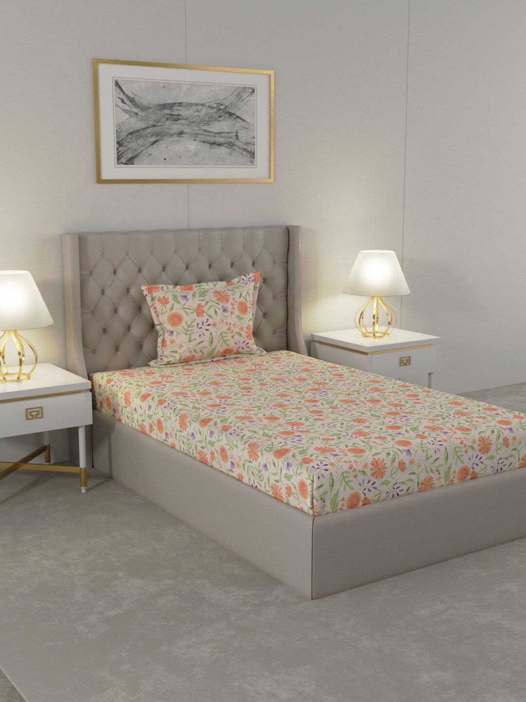 Raymond Home Orange & Green Cotton Floral 104 TC Single Bedsheet with 1 Pillow Covers Price in India