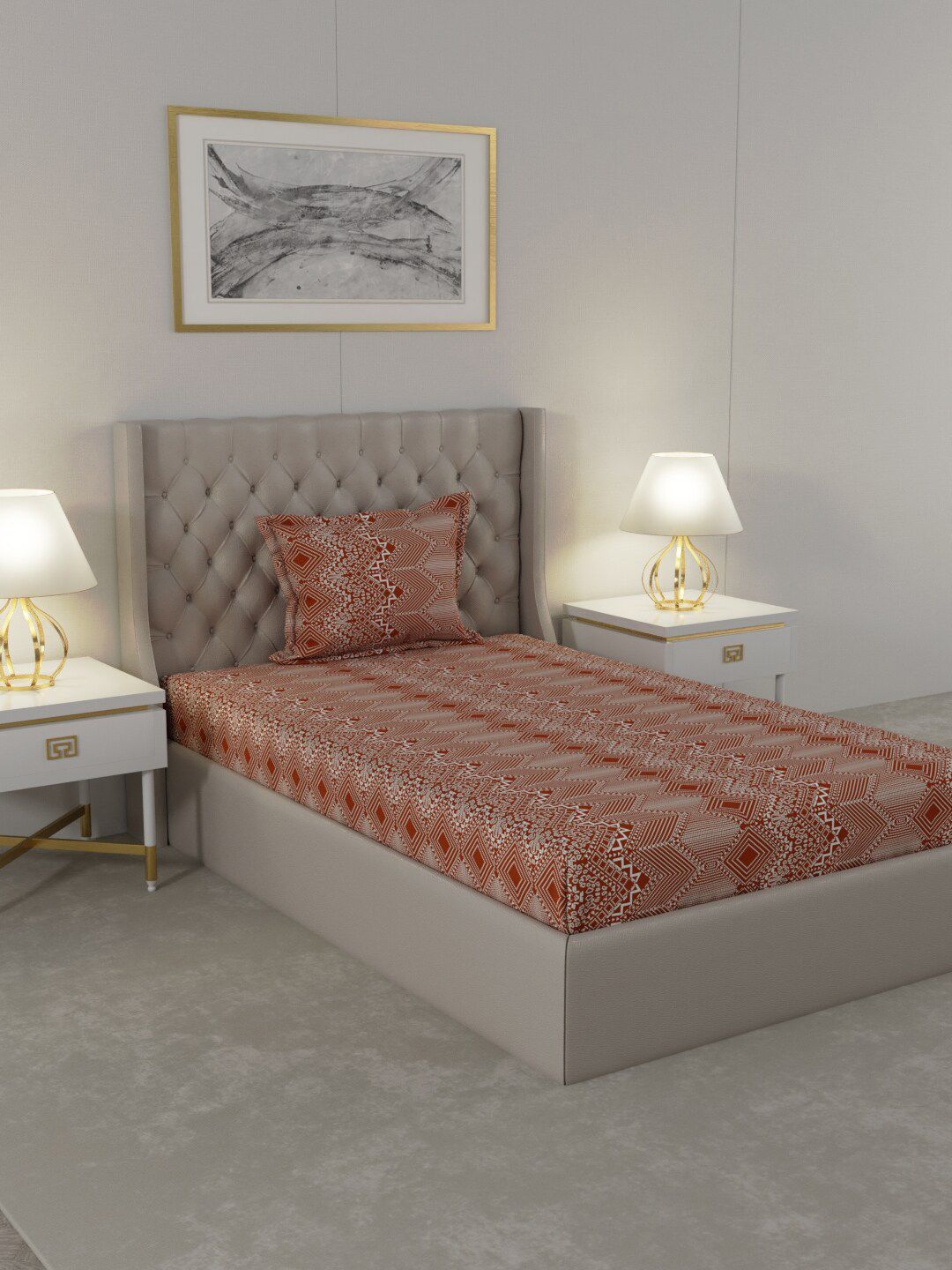 Raymond Home Orange & White Cotton Geometric 104 TC Single Bedsheet with 1 Pillow Covers Price in India