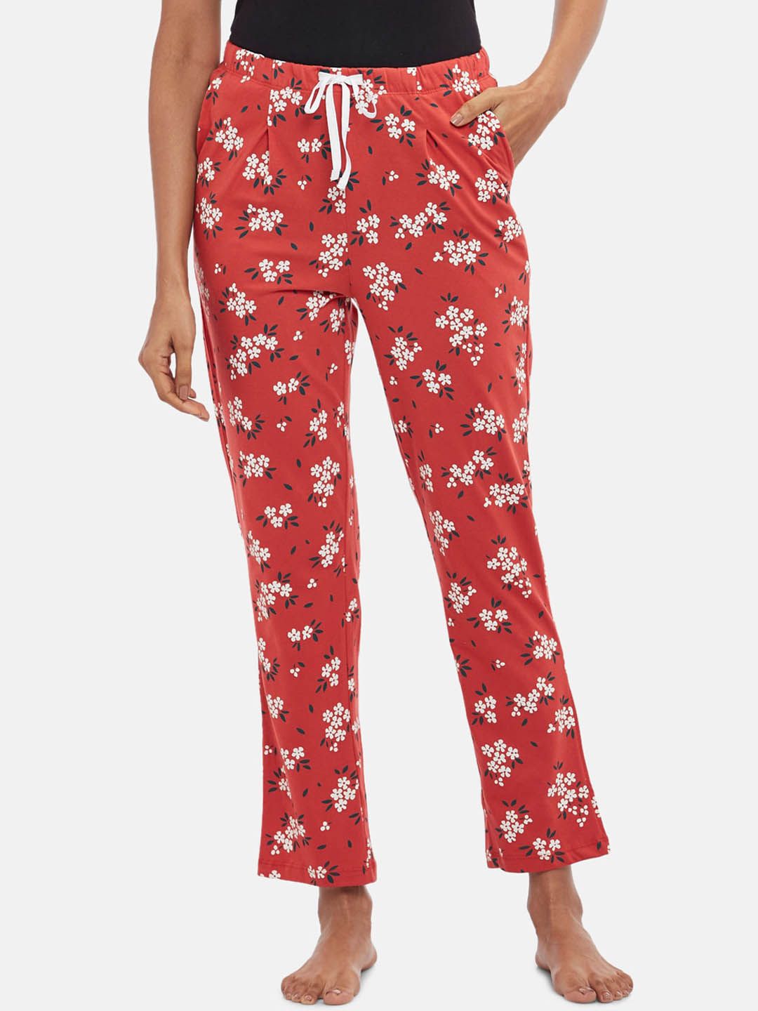 Dreamz by Pantaloons Women Red & White Floral Printed Pure Cotton Lounge Pants Price in India