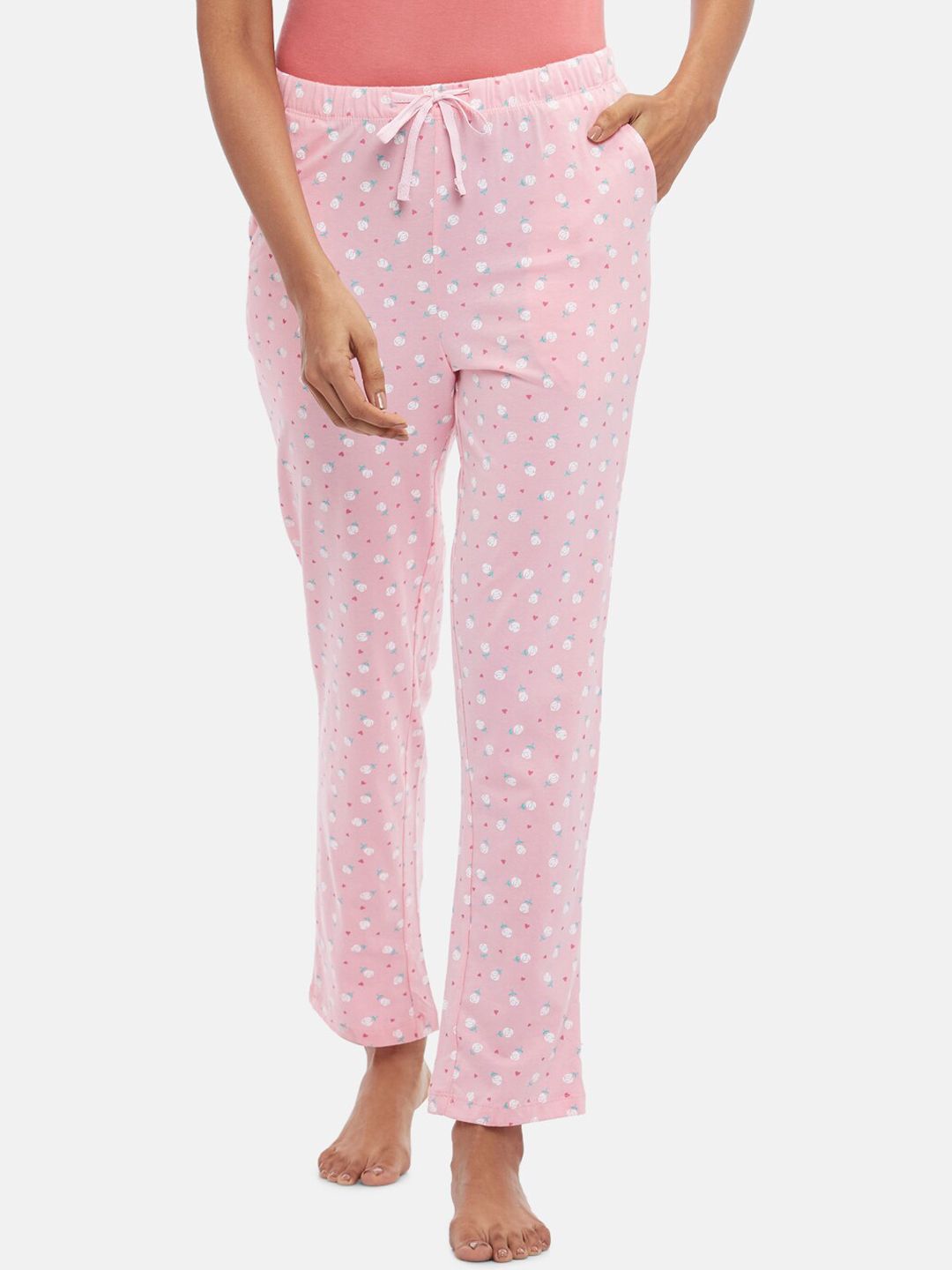 Dreamz by Pantaloons Women Pink & White Printed Pure Cotton Lounge Pants Price in India