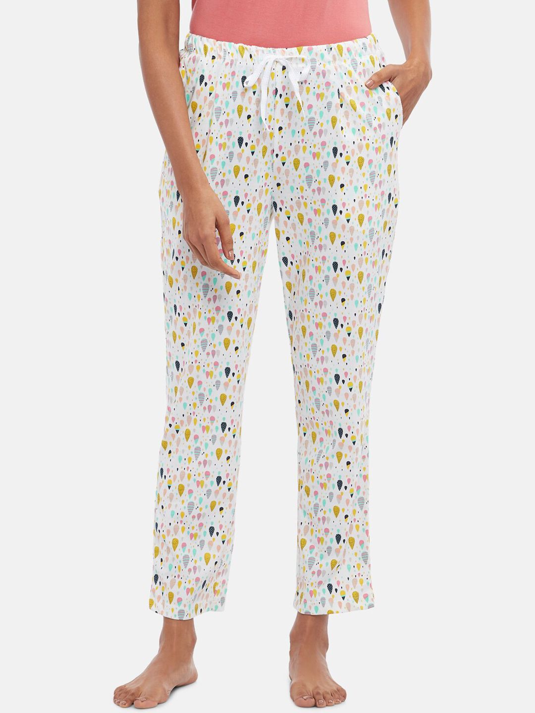 Dreamz by Pantaloons Women Off-White & Yellow Printed Pure Cotton Lounge Pants Price in India