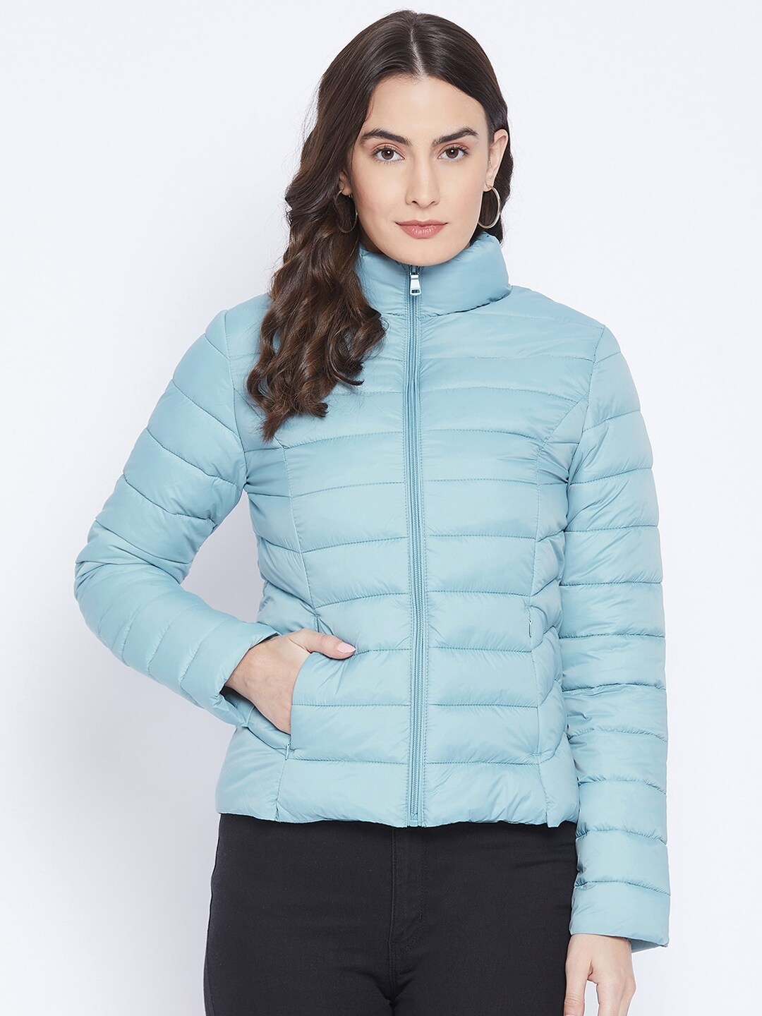 Madame Women Turquoise Blue Lightweight Puffer Jacket Price in India