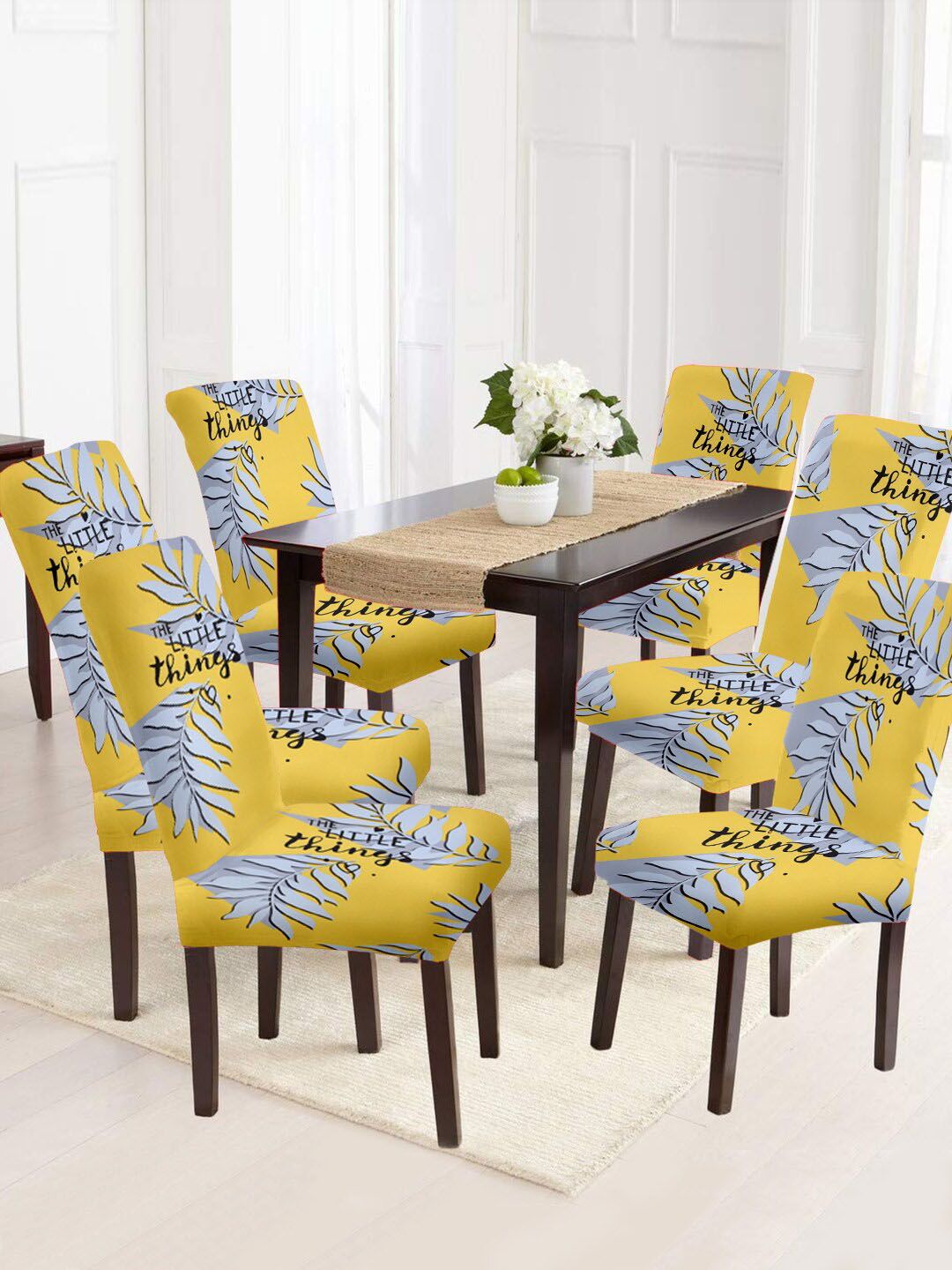 Aura Set Of 6 Yellow & Grey Printed Removable Chair Covers Price in India