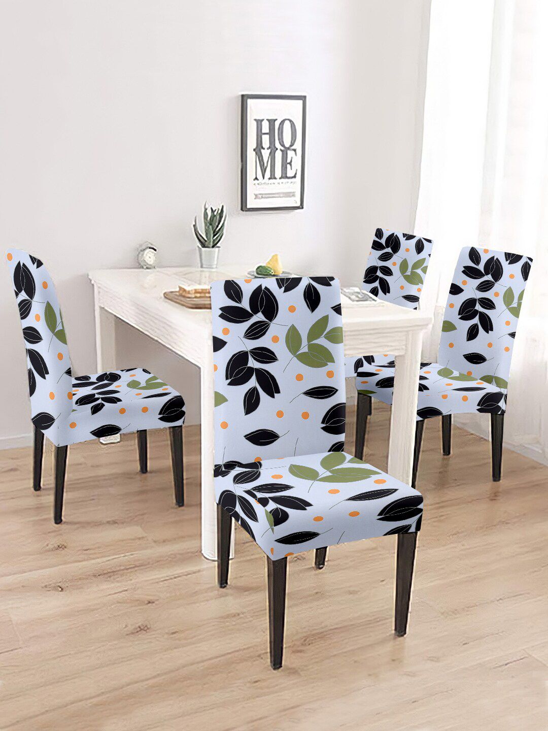 Aura Set Of 4 White & Black Printed Chair Covers Price in India