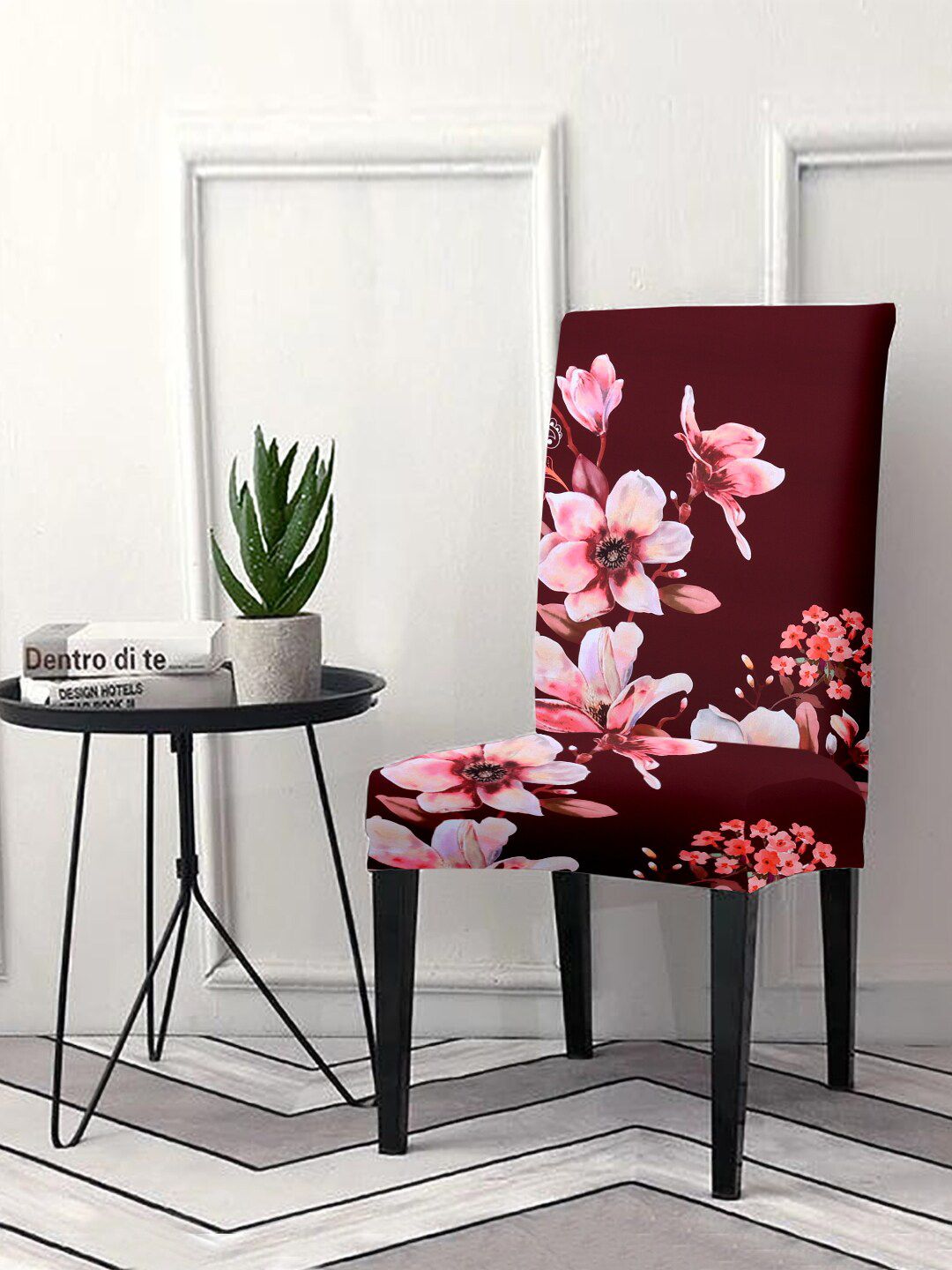 Aura Maroon & Pink Floral Printed Chair Cover Price in India
