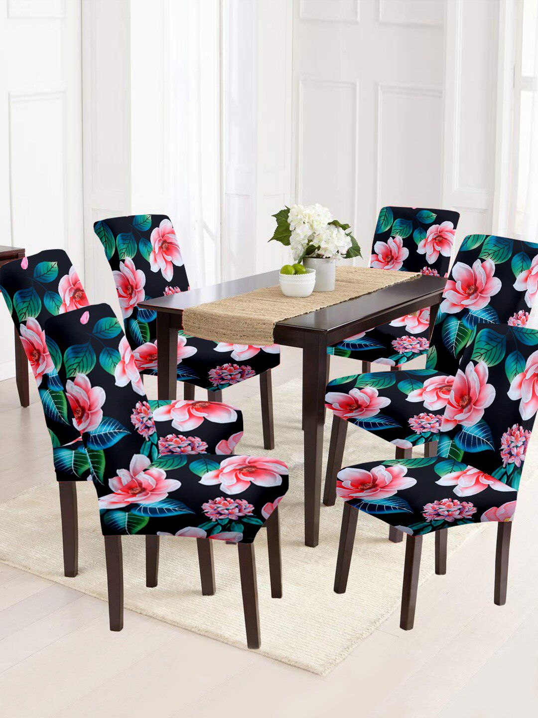 Aura Set Of 6 Blue & Pink Floral Printed Removable Chair Covers Price in India