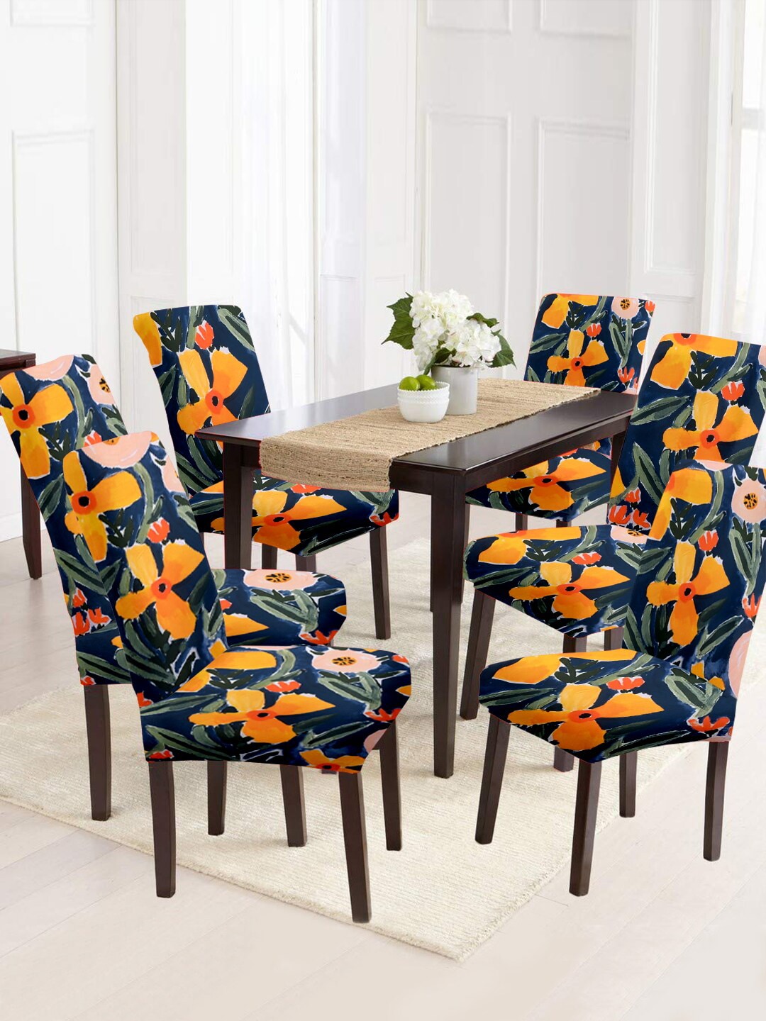 Aura Set Of 6 Grey & Blue Floral Printed Chair Covers Price in India