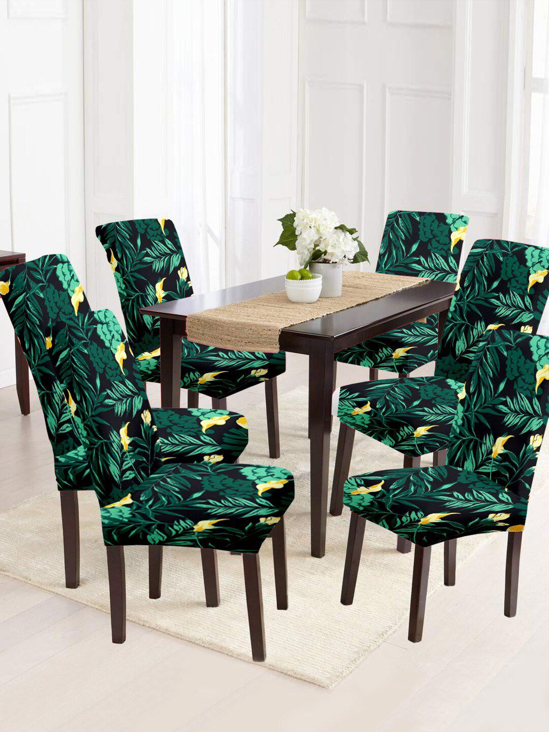Aura Set Of 6 Green & Yellow Printed Removable Chair Covers Price in India