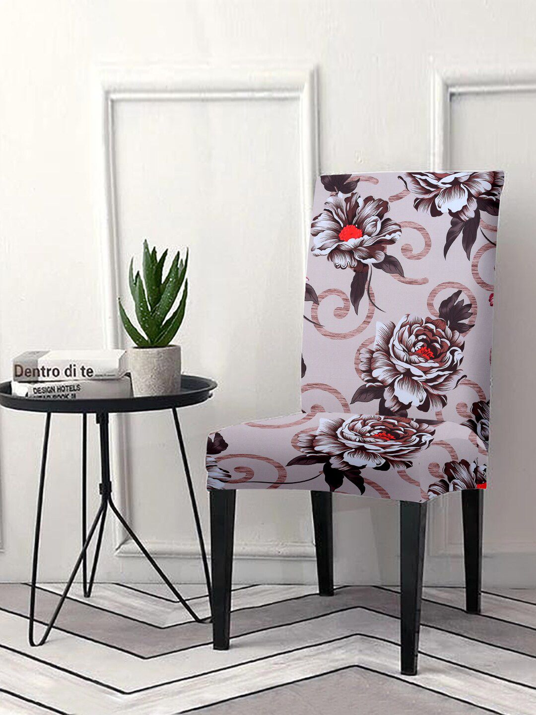 Aura Beige & Brown Floral Printed Chair Cover Price in India