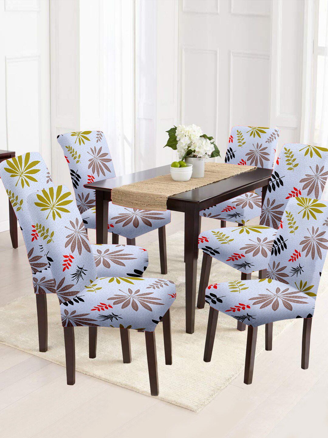 Aura Set Of 6 White & Green Printed Chair Covers Price in India