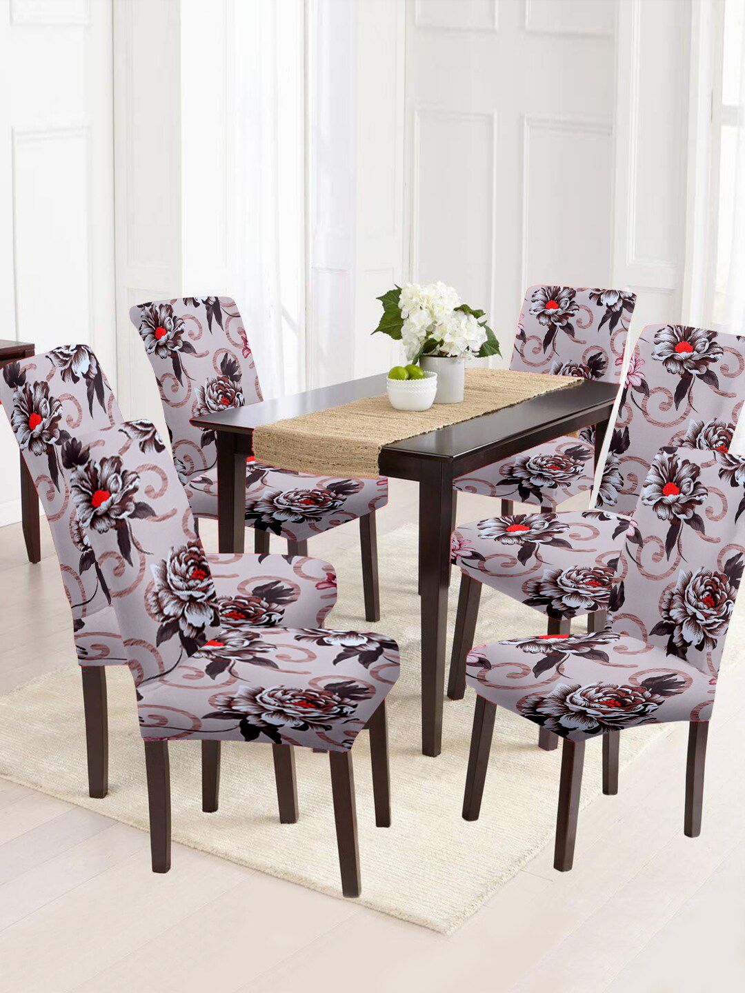 Aura Set Of 6 Beige & Red Floral Printed Chair Covers Price in India
