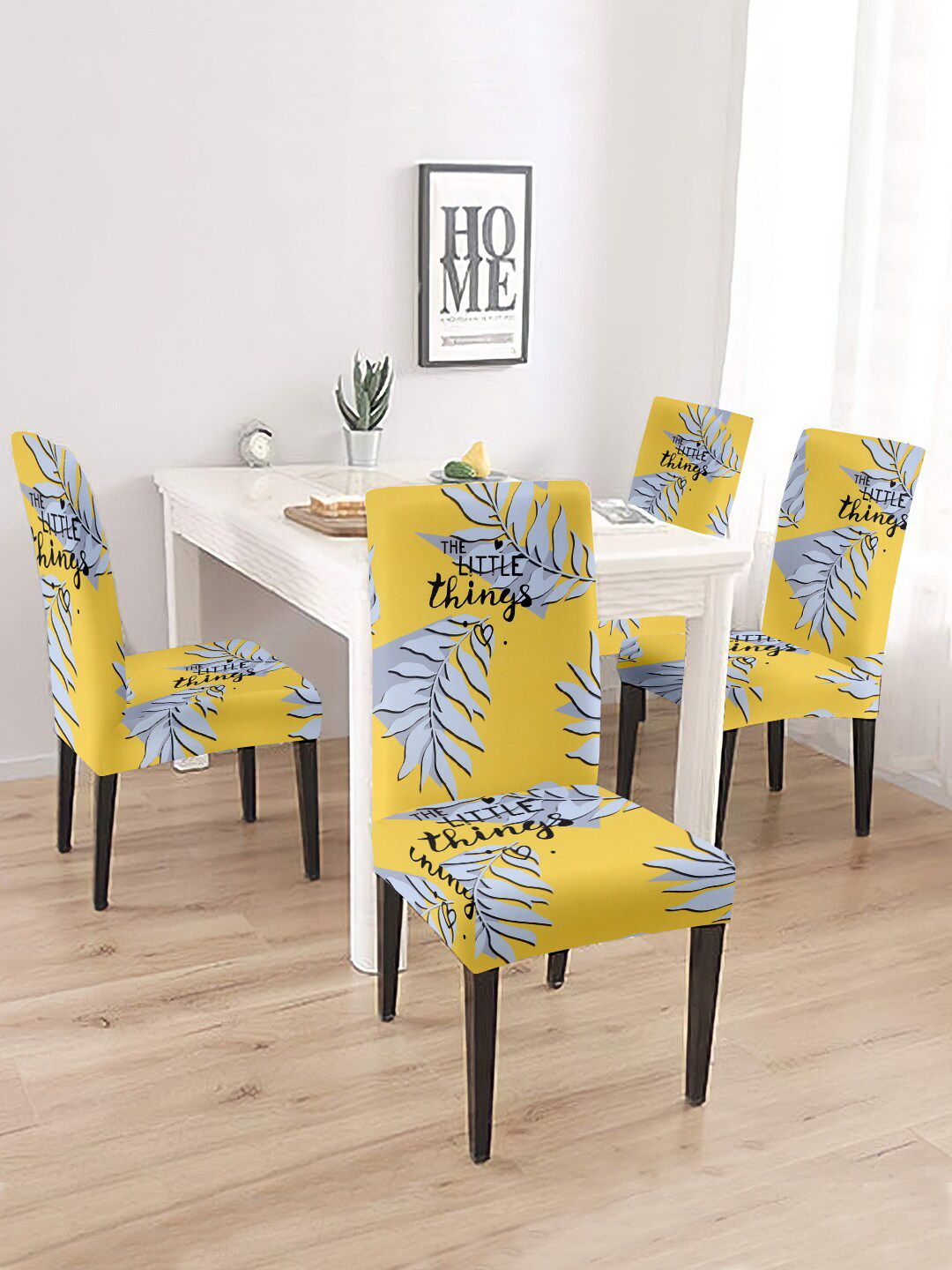 Aura Set Of 4 Yellow & Grey Printed Chair Covers Price in India