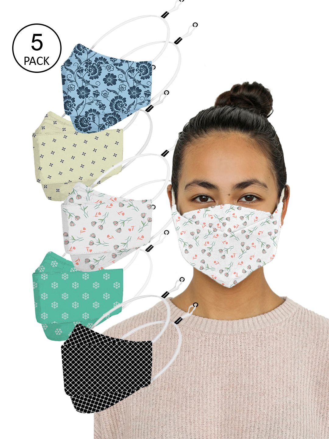 PRIVIU Unisex Pack Of 5 Printed 4-Ply Reusable Outdoor Pure Cotton Fusion Pro FFP2 Protective Face Masks Price in India