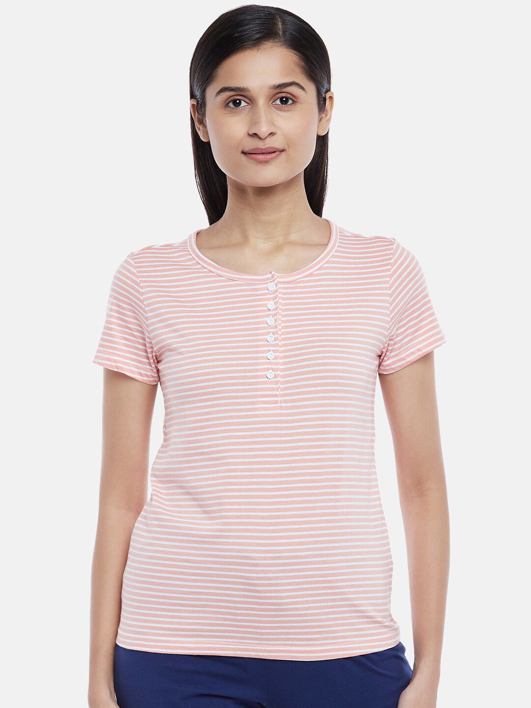 Dreamz by Pantaloons Peach-Coloured & White Striped Pure Cotton Lounge tshirt Price in India