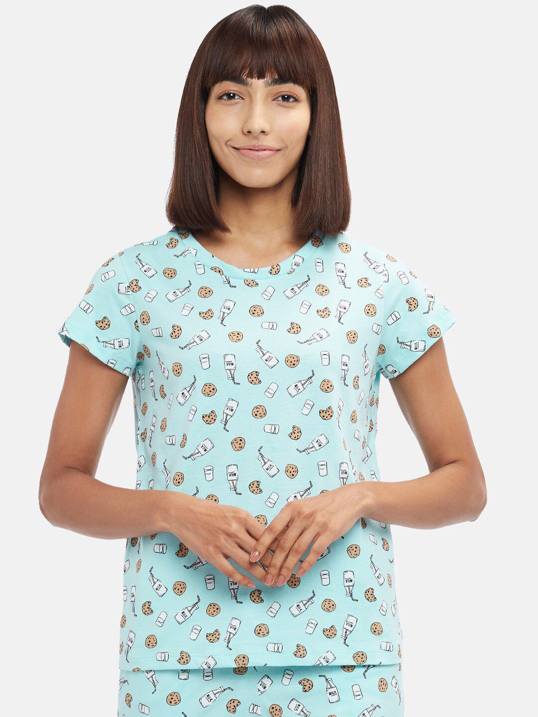 Dreamz by Pantaloons Aqua Blue Conversational Print Round Neck Regular Sleeves Cotton Lounge tshirt Price in India