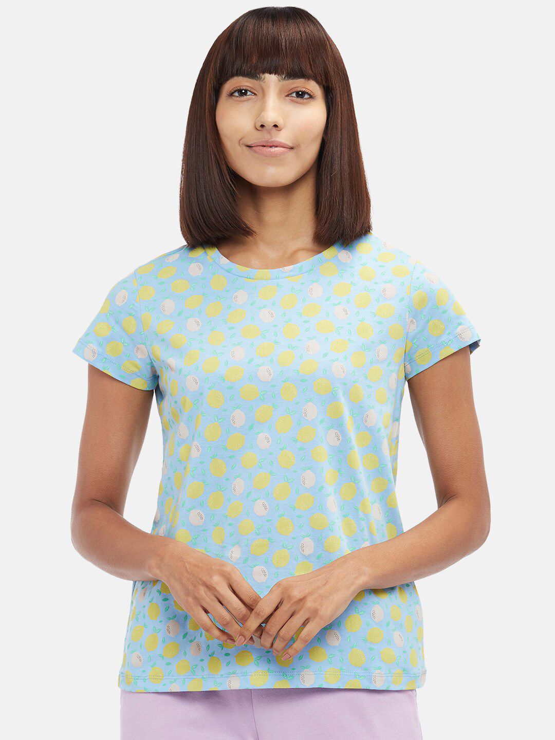 Dreamz by Pantaloons Women Blue & Yellow Printed Pure Cotton Lounge T-shirt Price in India