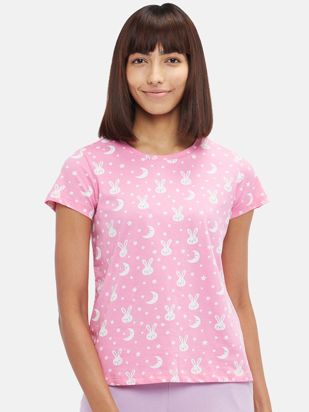 Dreamz by Pantaloons Women Pink & White Printed Pure Cotton Lounge T-shirt Price in India