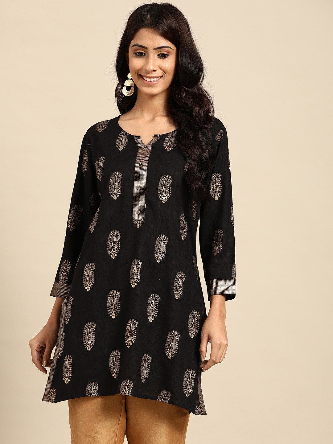 RANGMAYEE Black & Gold-Coloured Paisley Foil & Block Printed Liva Kurti