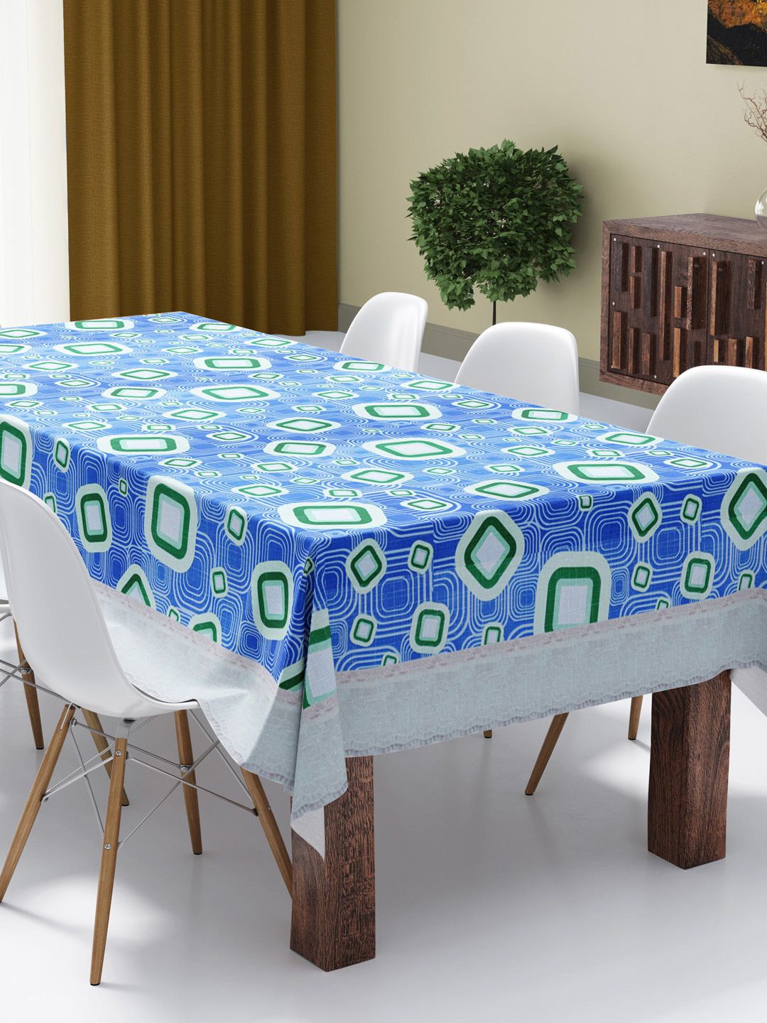 BIANCA Blue & Green Geometric Easy Clean Vinyl Pvc 8-Seater Table Cover Price in India